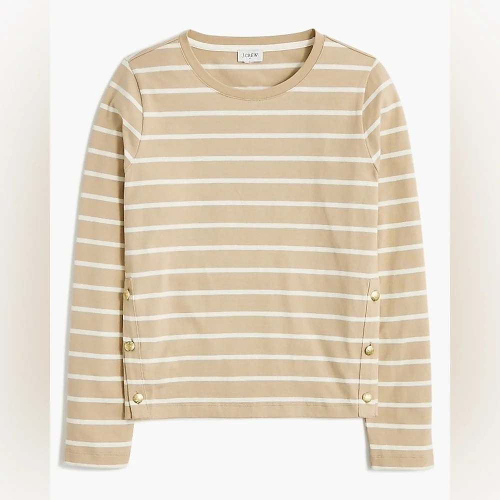 NWT J Crew Tan Striped long-sleeve side-button top Sz XS - tiny pinhole in back - Picture 3 of 8
